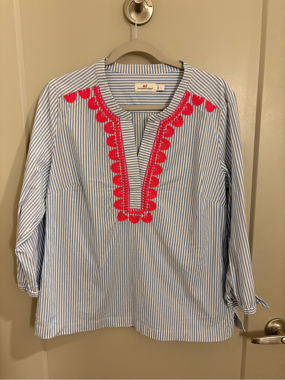 Vineyard Vines Blue & White Stripe Tunic with Coral-Pink Trim